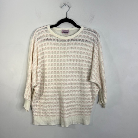 Vintage 70s 80s ivory pink open knit oversized batwing lightweight sweater - Picture 4 of 16